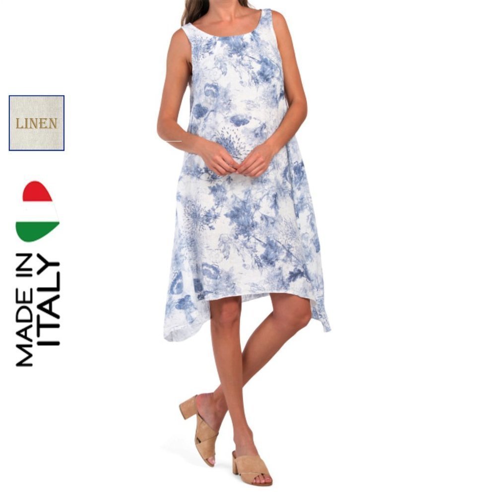 Sleeveless Blue Tie-Dye Linen Midi Dress